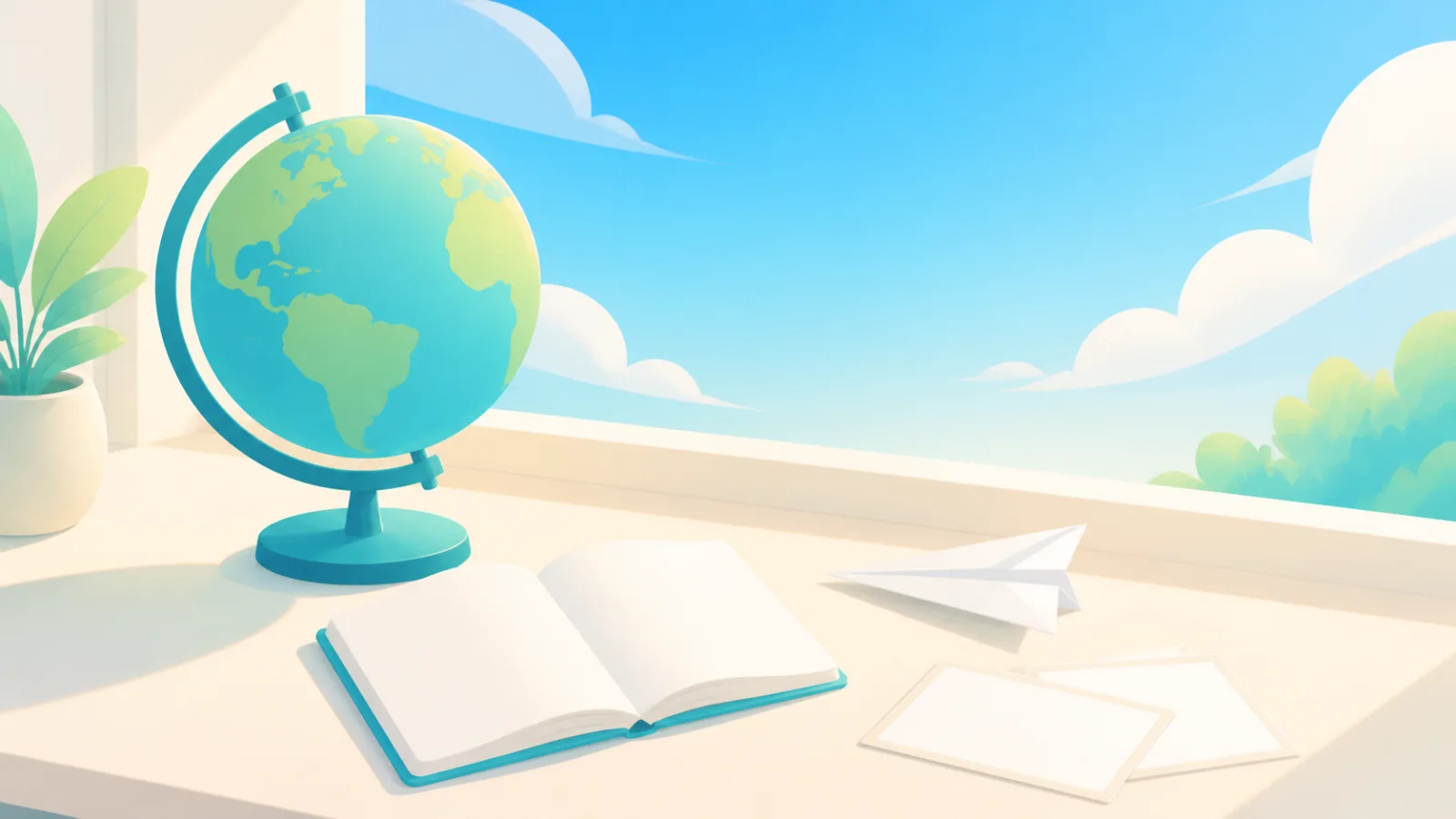 Illustration of a desk with a globe, passport, paper plane and postcards