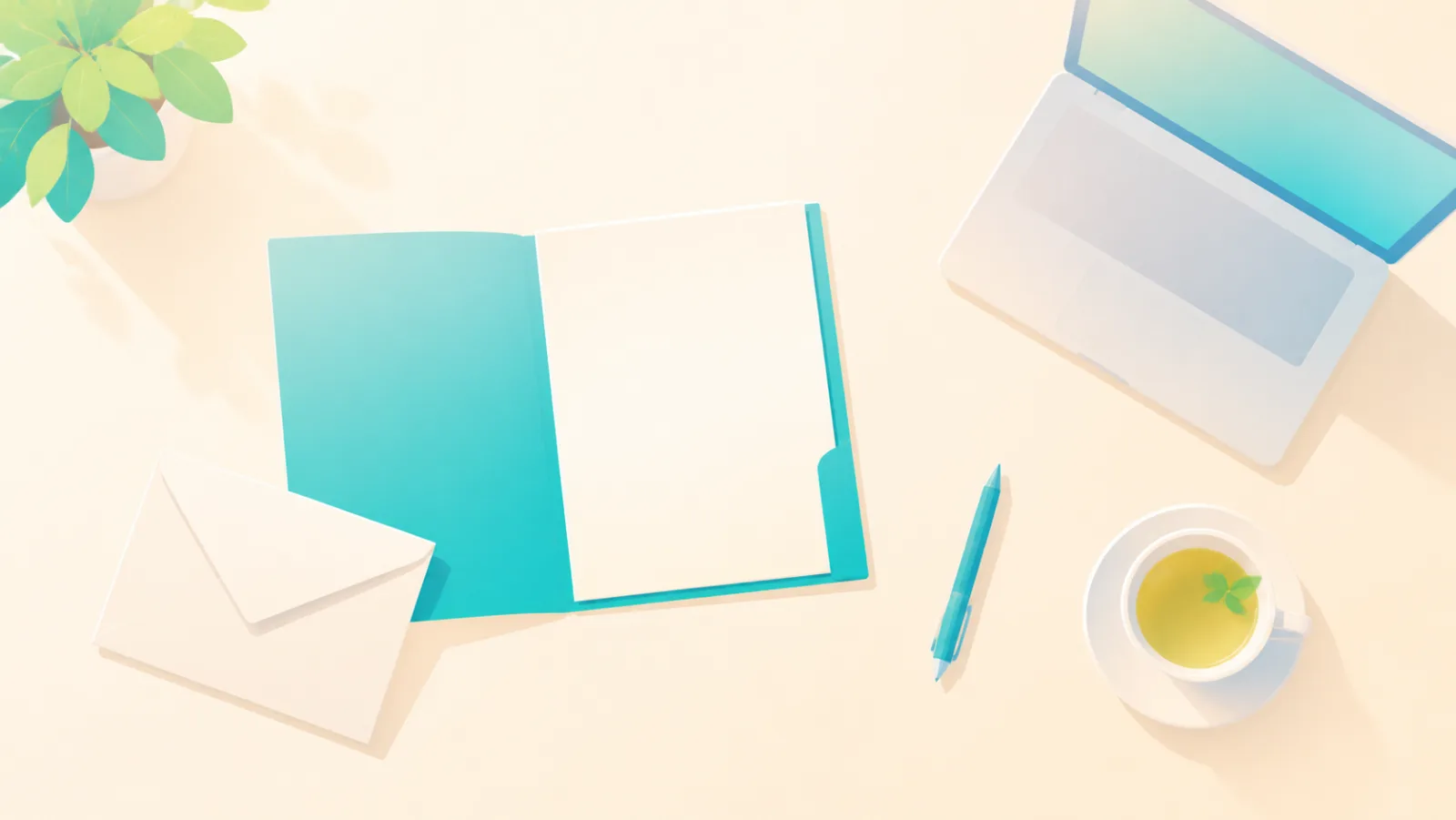Illustration of a desk with application folders, an envelope and a laptop
