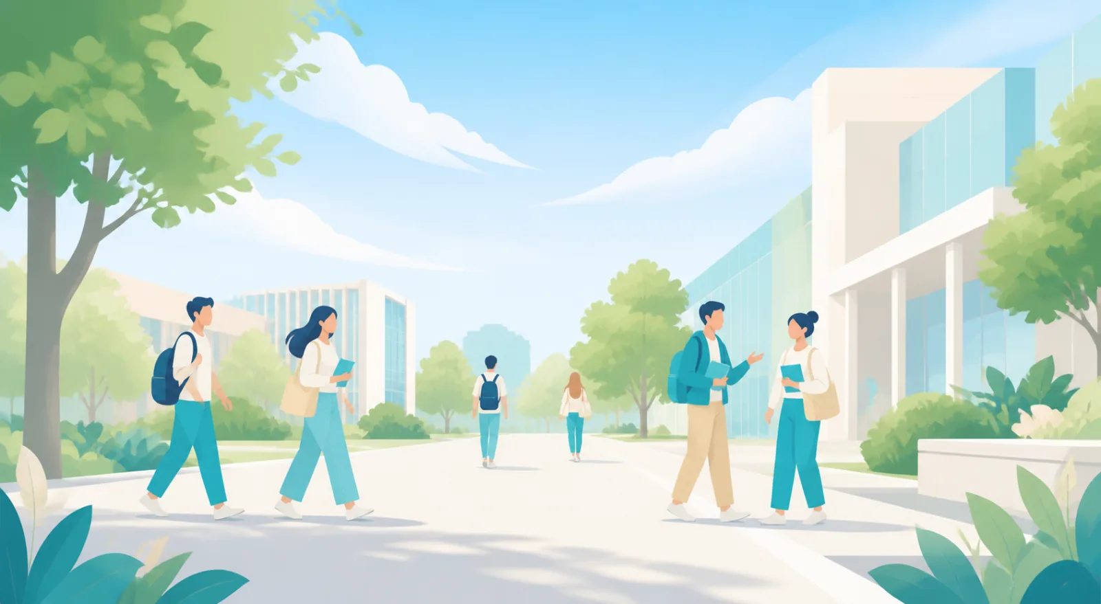 Illustration of students walking through a sunlit campus
