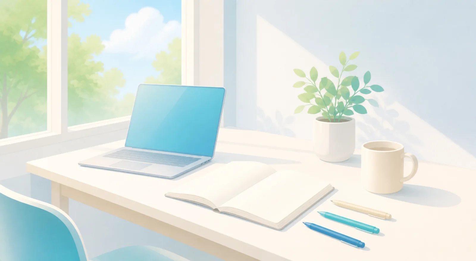 Illustration of a study desk with a laptop, notes and a mug in afternoon light