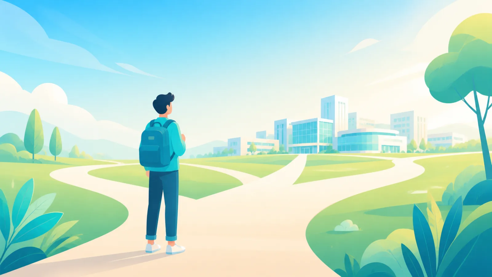 Illustration of a student looking out over a campus from a fork in the path