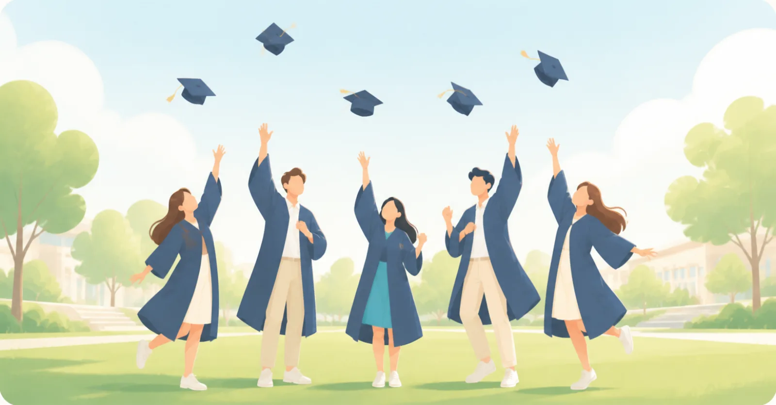 Illustration of graduates in gowns throwing caps on a sunny lawn