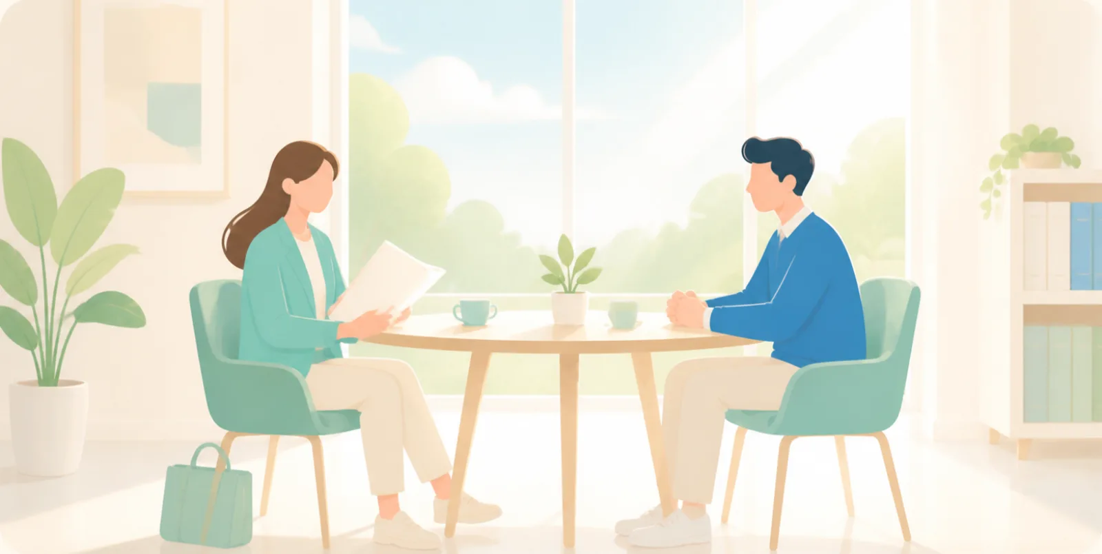 Illustration of two people talking across a small table in a bright meeting corner