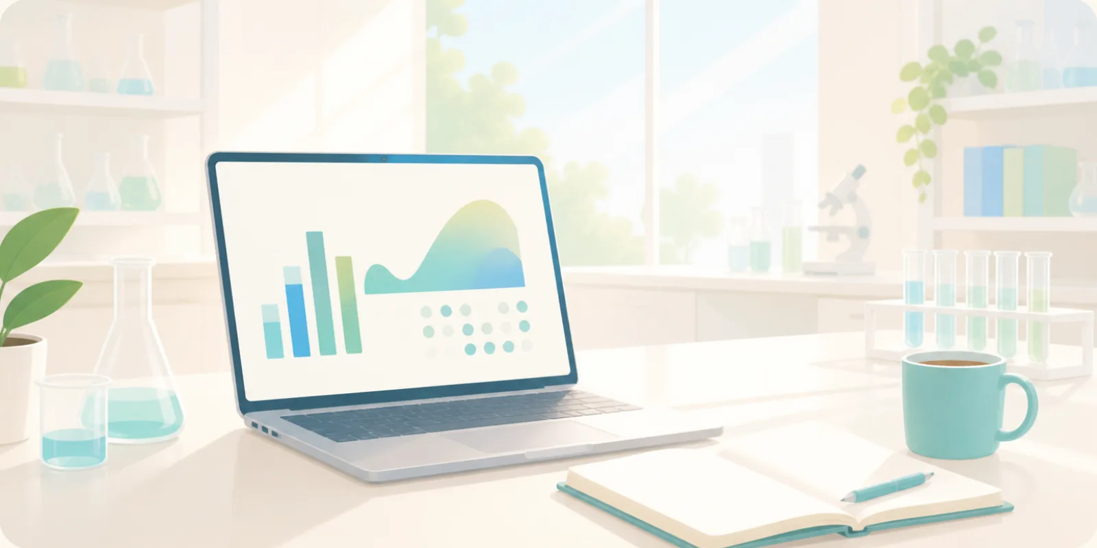 Illustration of a research workstation with a laptop showing abstract charts