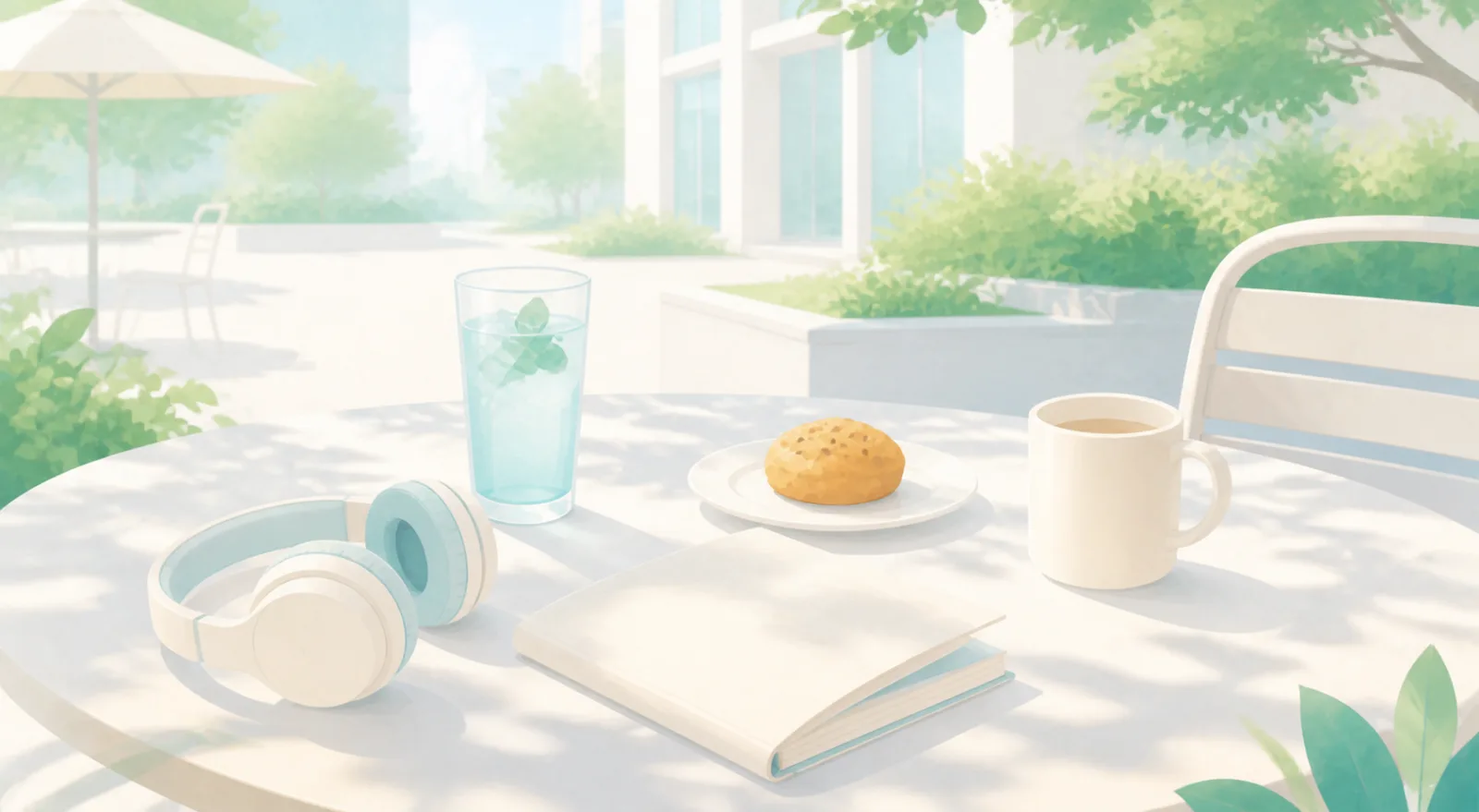 Illustration of an outdoor campus table with drinks, a book and headphones in dappled afternoon light