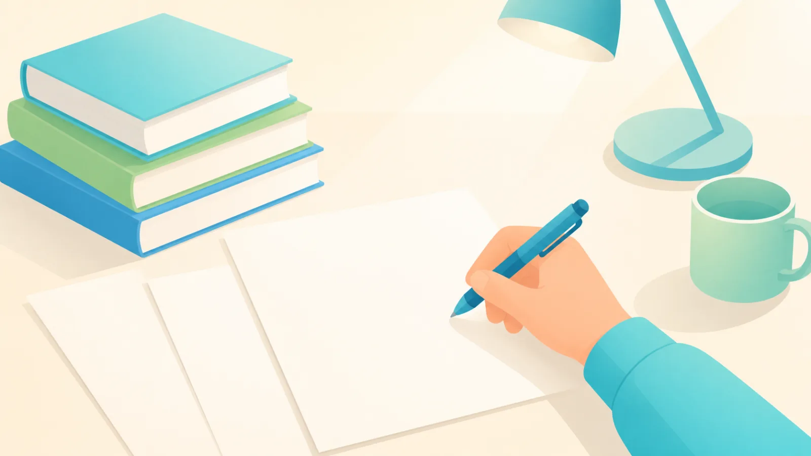 Illustration of a desk with stacked books, open pages and a hand writing